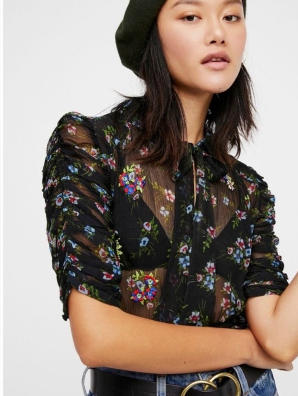 Free People Sheer Floral Blouse Ruffle Peplum Tie Neck Boho Top XS